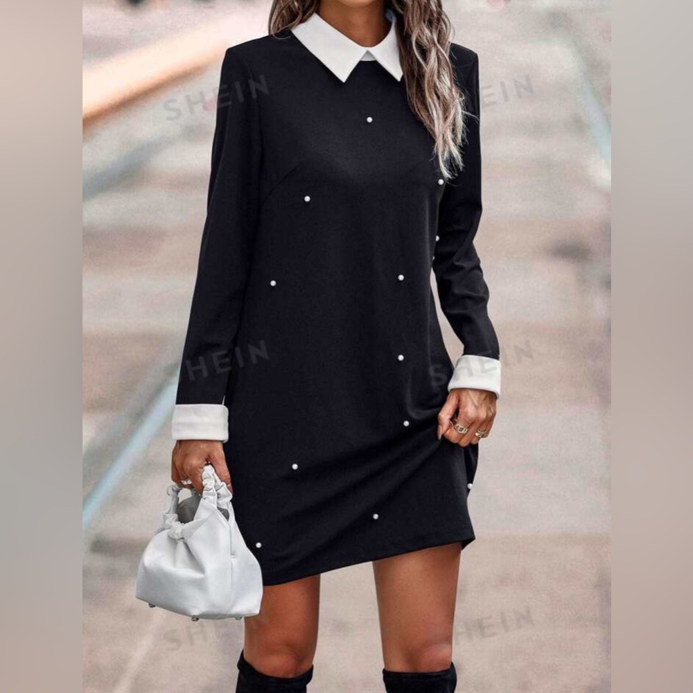 SHEIN Frenchy Contrast Collar Pearls Beaded Dress